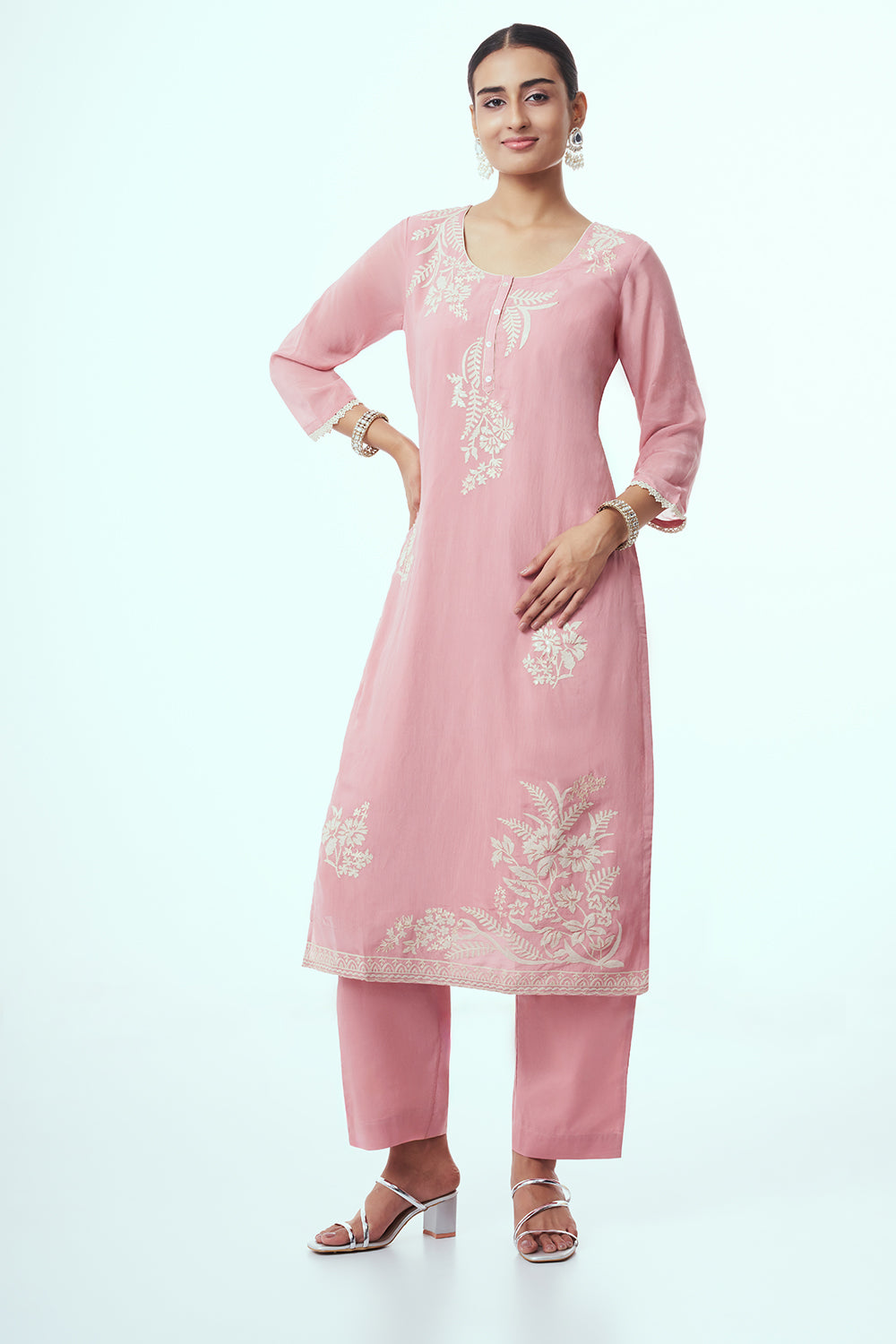 Pink Tissue Kurta Set with Applique Work