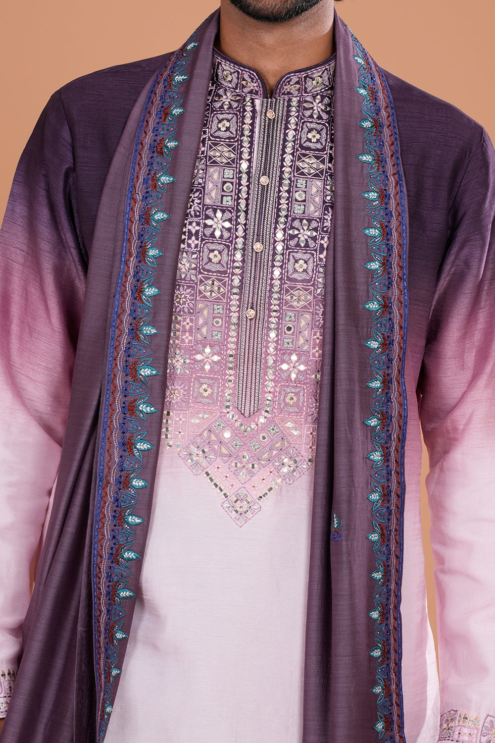 Plum Ombre Silk Men's Kurta Set with Threadwork