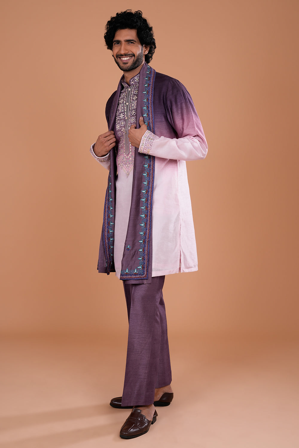 Plum Ombre Silk Men's Kurta Set with Threadwork