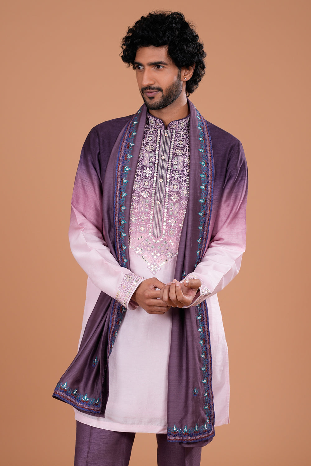 Plum Ombre Silk Men's Kurta Set with Threadwork