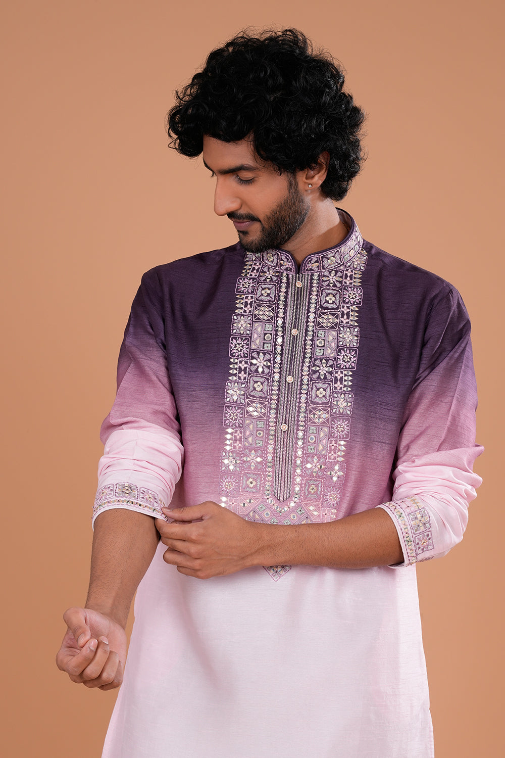 Plum Ombre Silk Men's Kurta Set with Threadwork