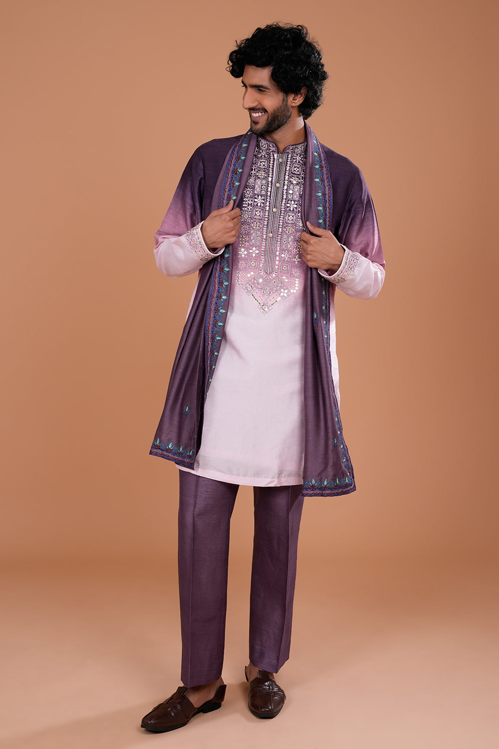 Plum Ombre Silk Men's Kurta Set with Threadwork