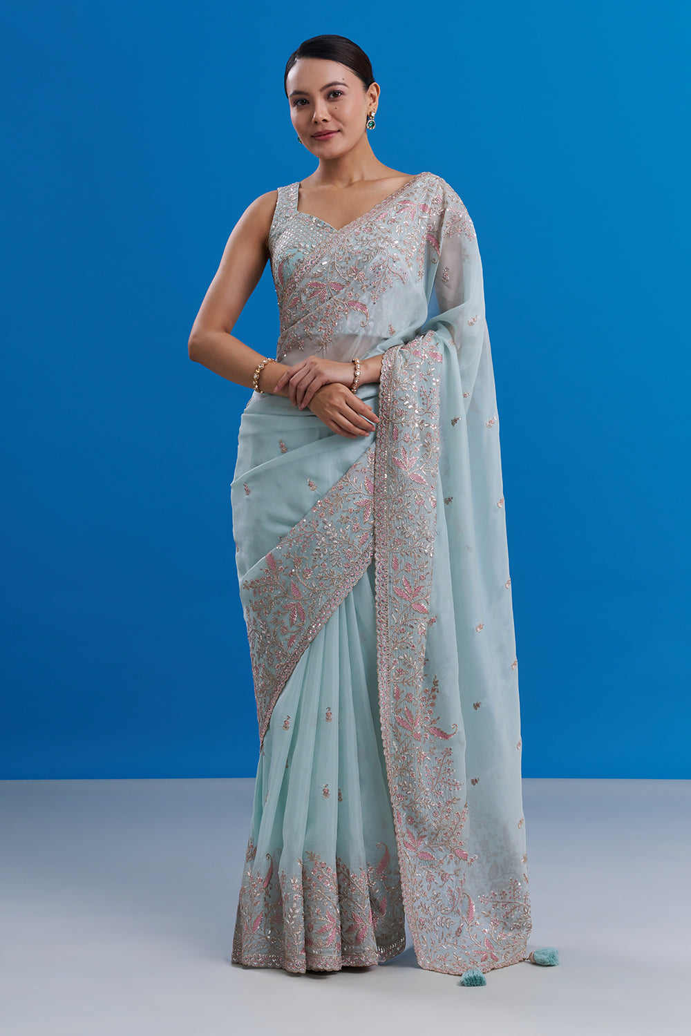 Powder Blue Satin Organza Saree with Resham Work And Unstitched Blouse