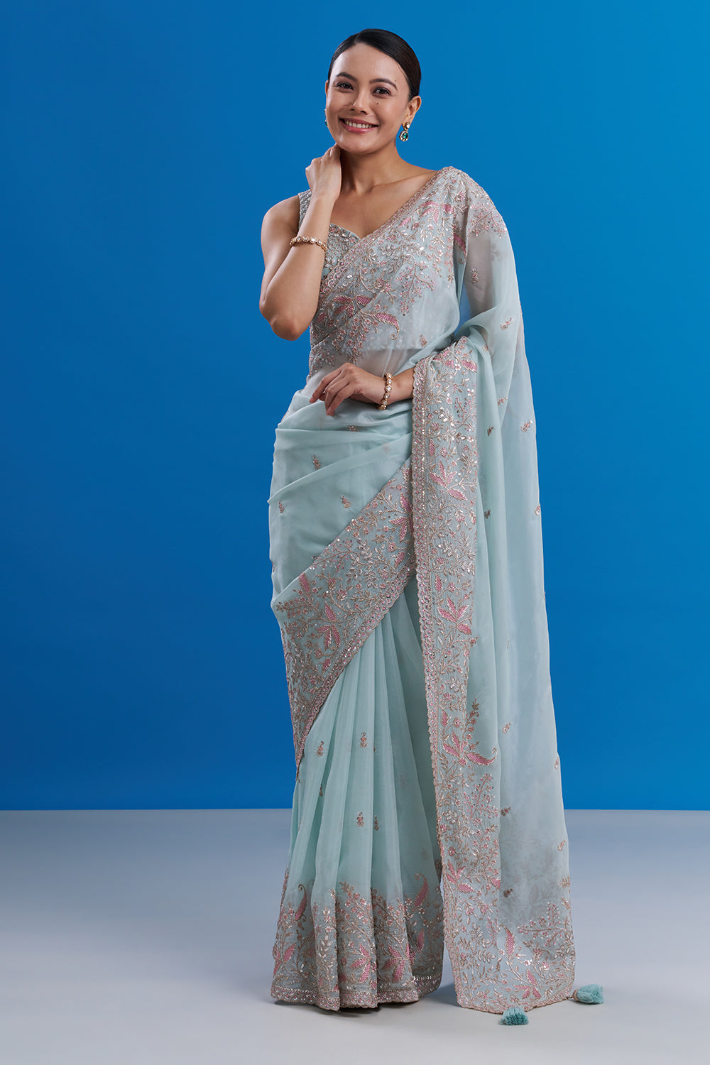 Powder Blue Satin Organza Saree with Resham Work And Unstitched Blouse