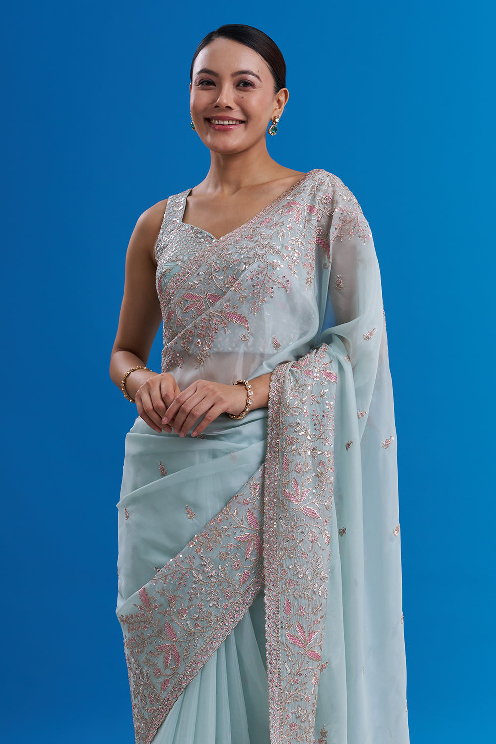 Powder Blue Satin Organza Saree with Resham Work And Unstitched Blouse