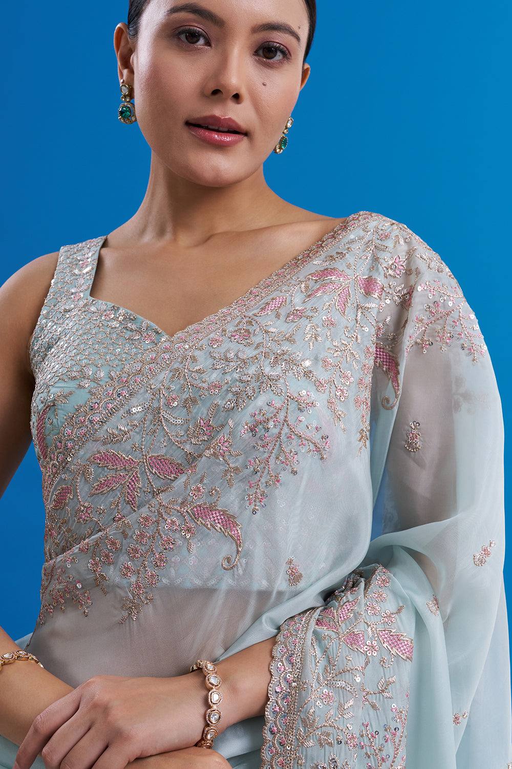 Powder Blue Satin Organza Saree with Resham Work And Unstitched Blouse