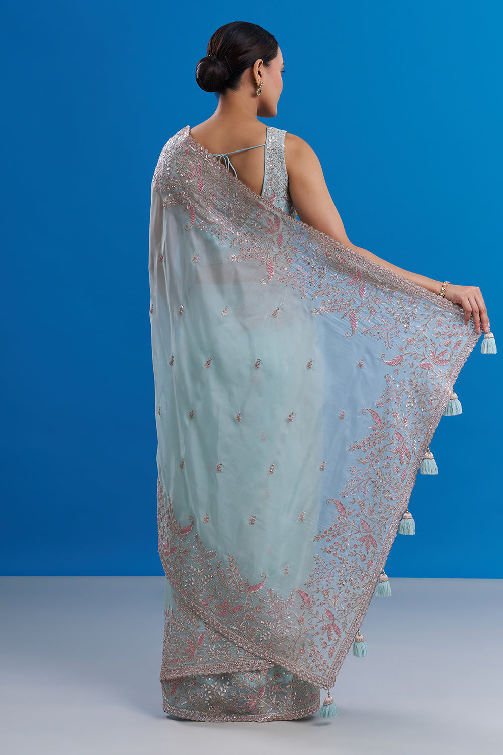 Powder Blue Satin Organza Saree with Resham Work And Unstitched Blouse