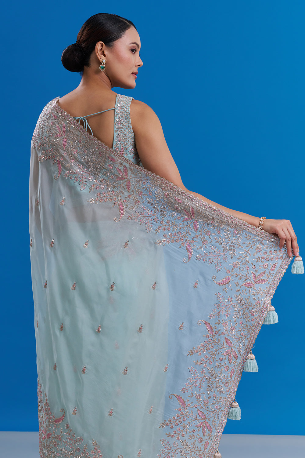 Powder Blue Satin Organza Saree with Resham Work And Unstitched Blouse