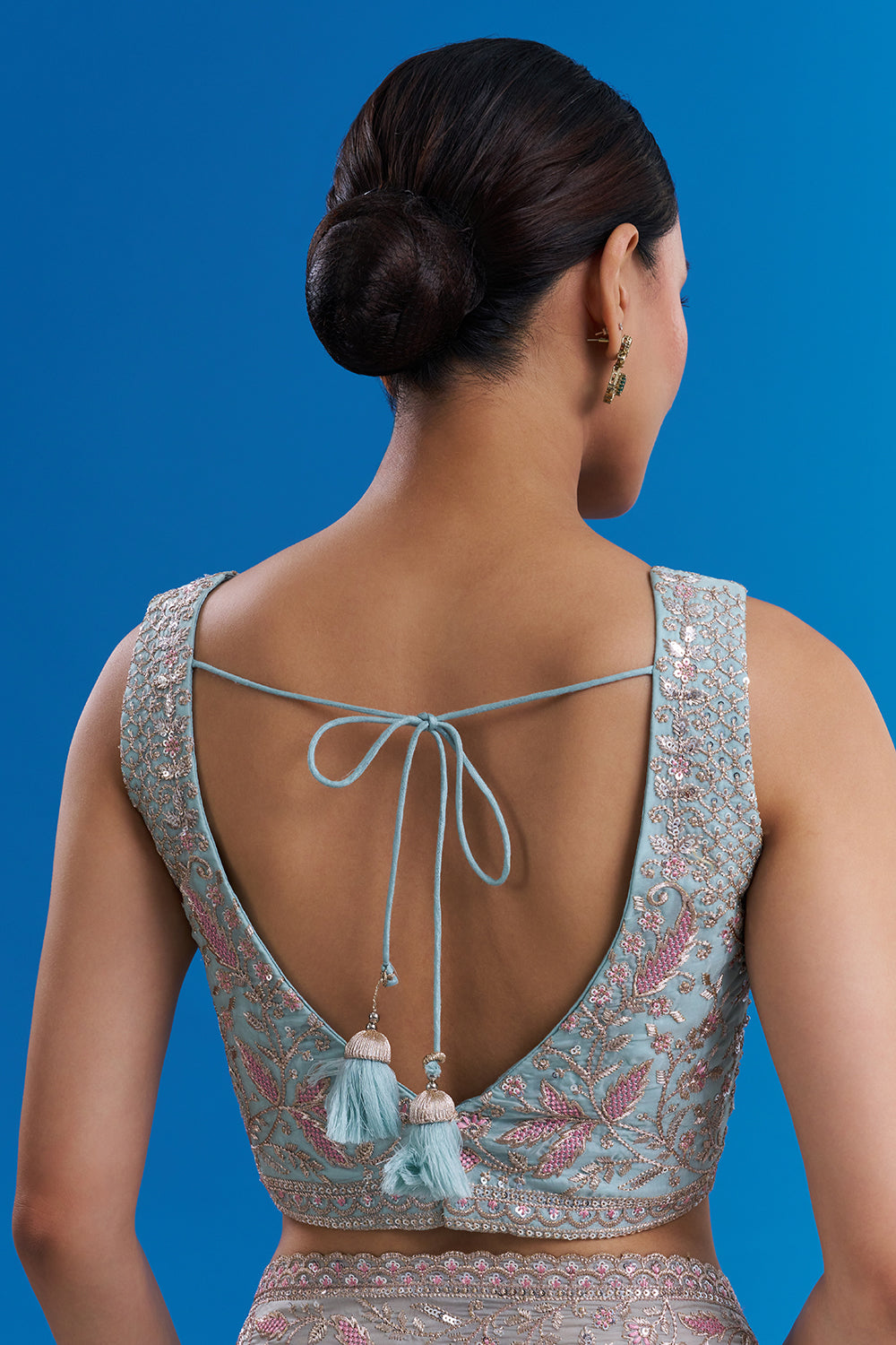 Powder Blue Satin Organza Saree with Resham Work And Unstitched Blouse