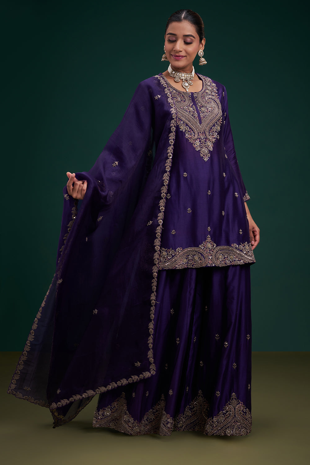 Purple Dupion Pure Silk Anarkali Suit with Zardozi Indian Motifs