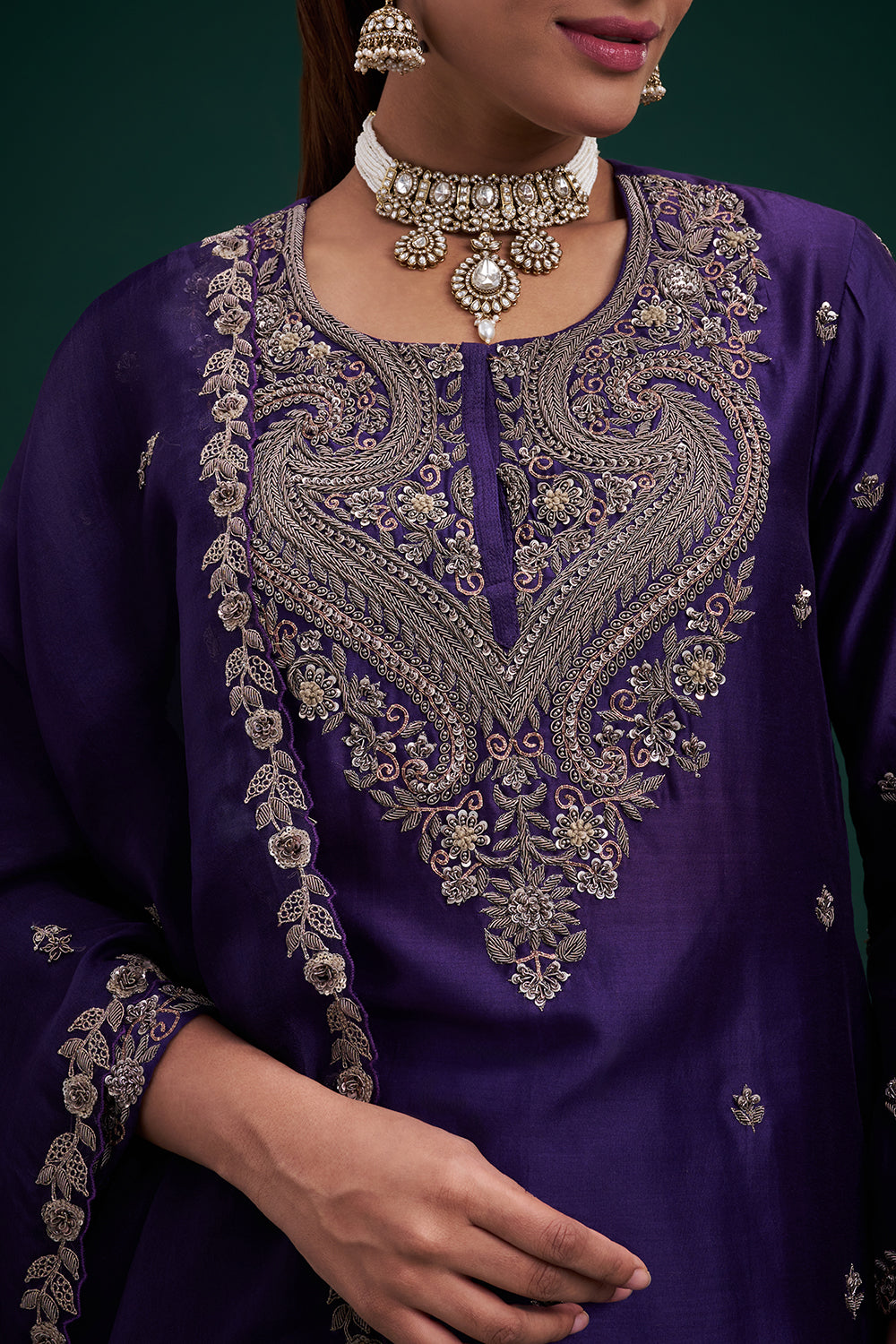 Purple Dupion Pure Silk Anarkali Suit with Zardozi Indian Motifs