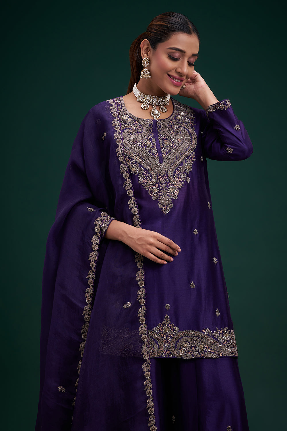 Purple Dupion Pure Silk Anarkali Suit with Zardozi Indian Motifs