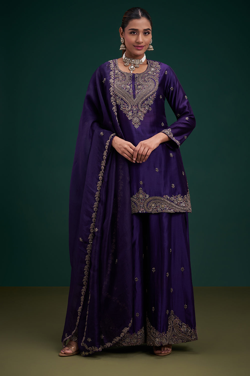 Purple Dupion Pure Silk Anarkali Suit with Zardozi Indian Motifs