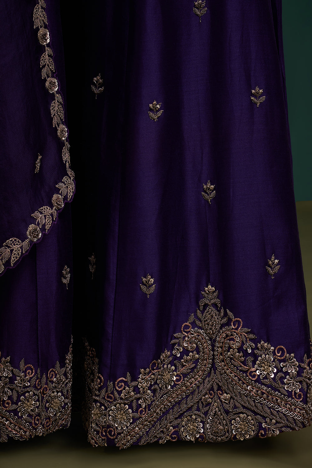 Purple Dupion Pure Silk Anarkali Suit with Zardozi Indian Motifs