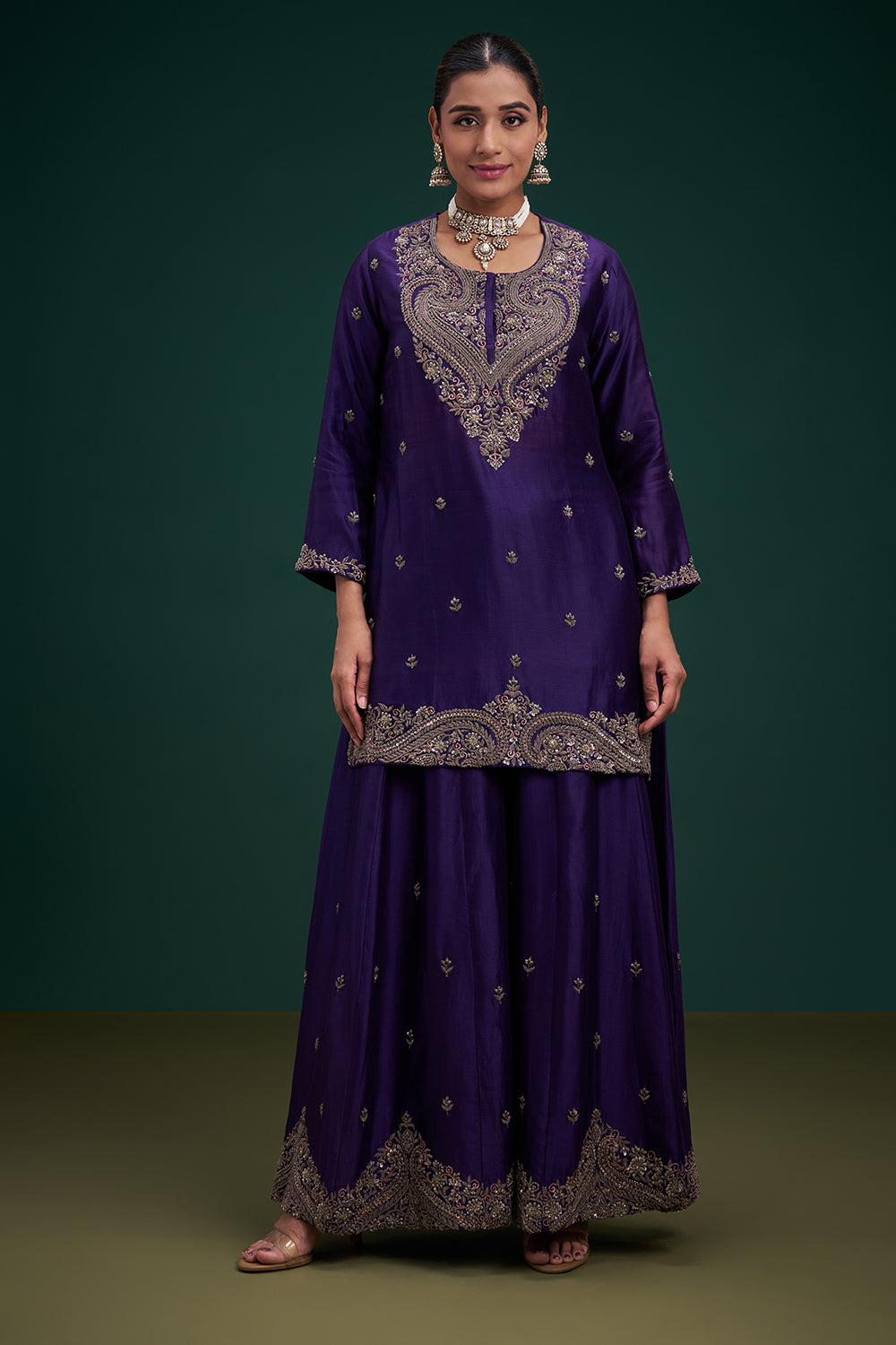 Purple Dupion Pure Silk Anarkali Suit with Zardozi Indian Motifs