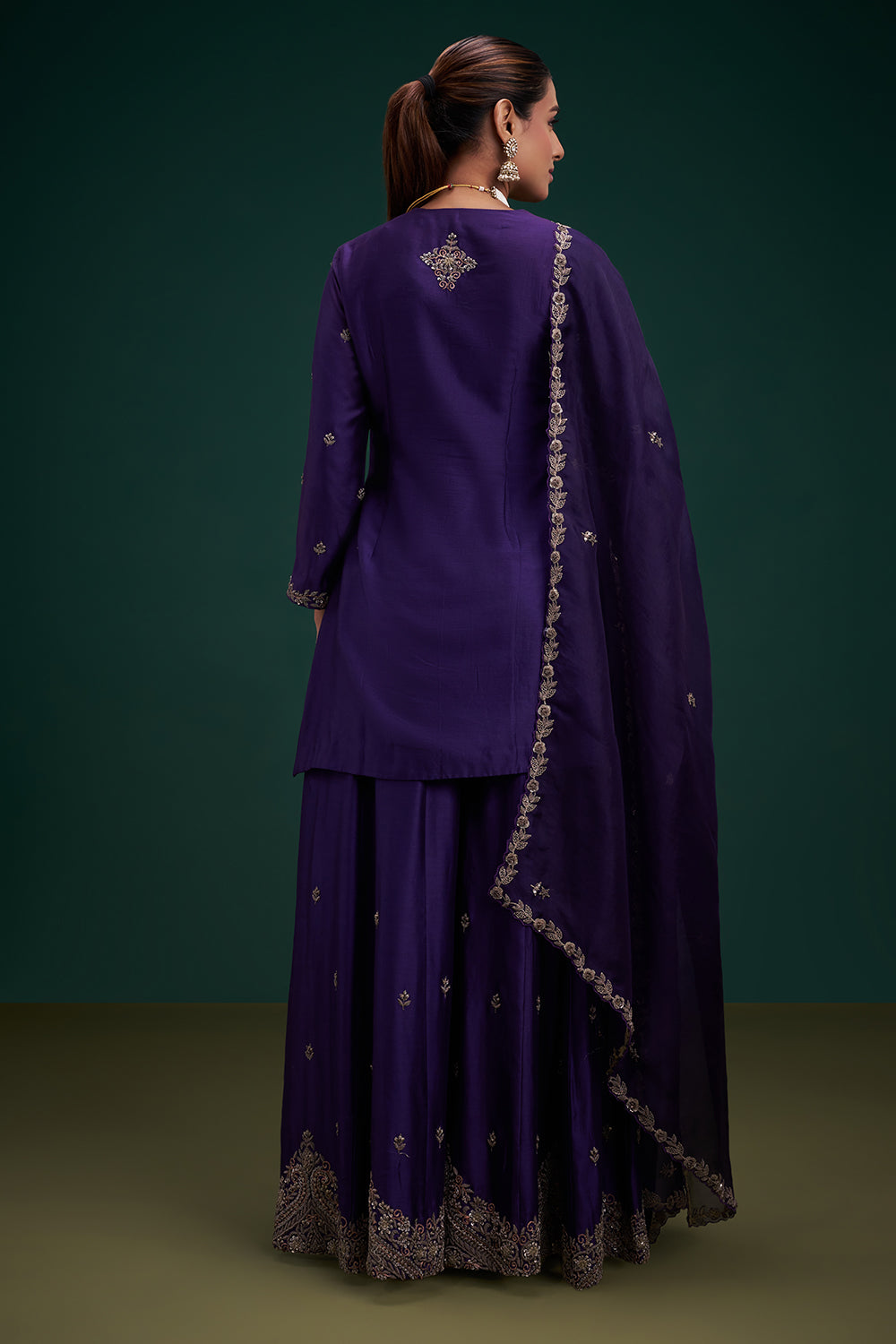 Purple Dupion Pure Silk Anarkali Suit with Zardozi Indian Motifs