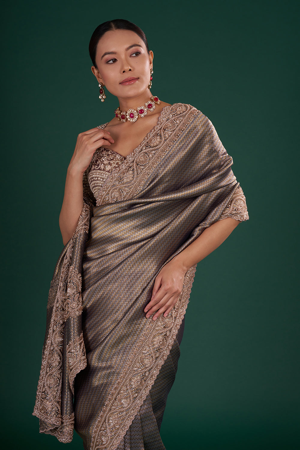 Purple Embroidered Shimmer Zari Brocade Saree with Rose Gold Cut Dana & Pearl Hand Work
