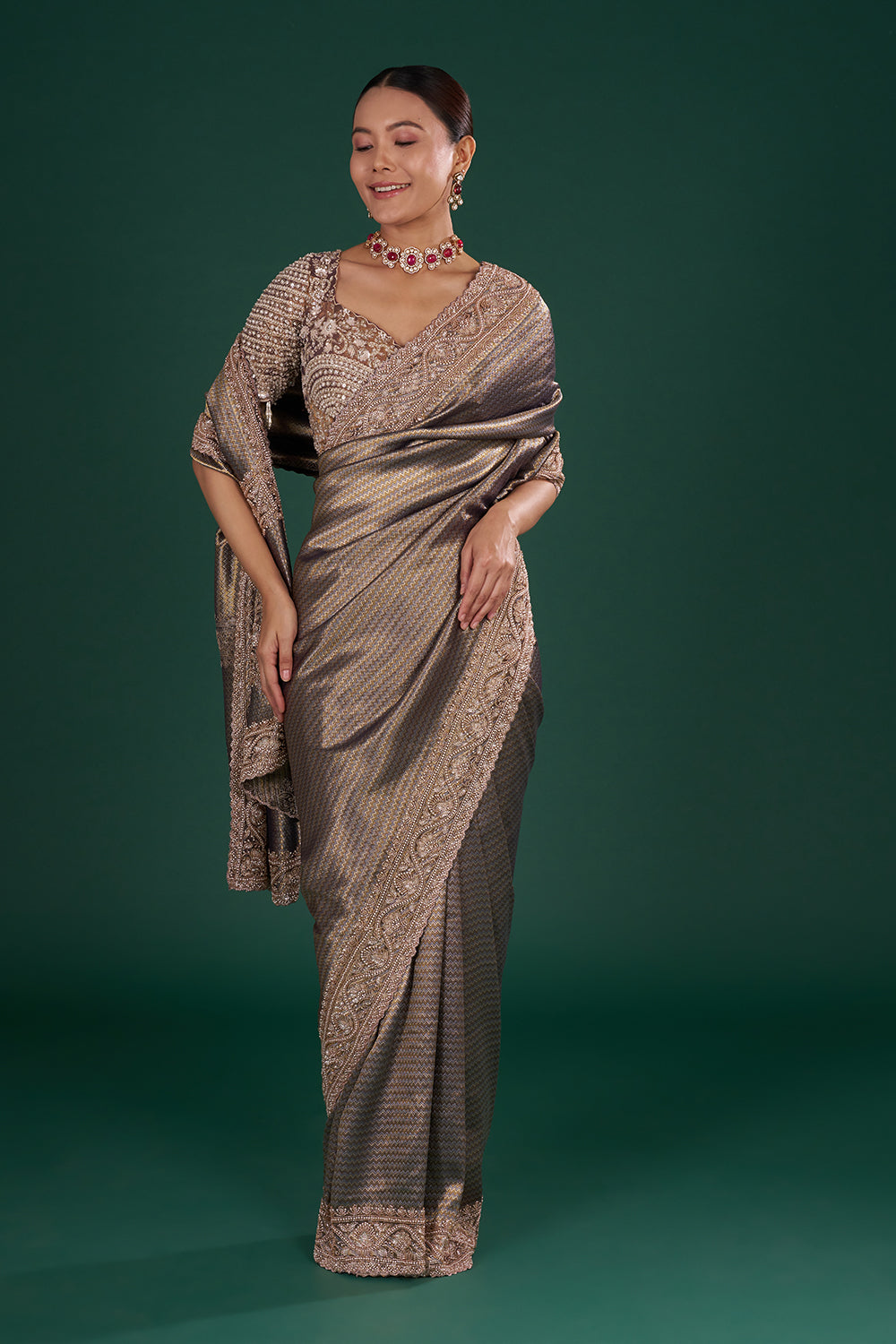 Purple Embroidered Shimmer Zari Brocade Saree with Rose Gold Cut Dana & Pearl Hand Work