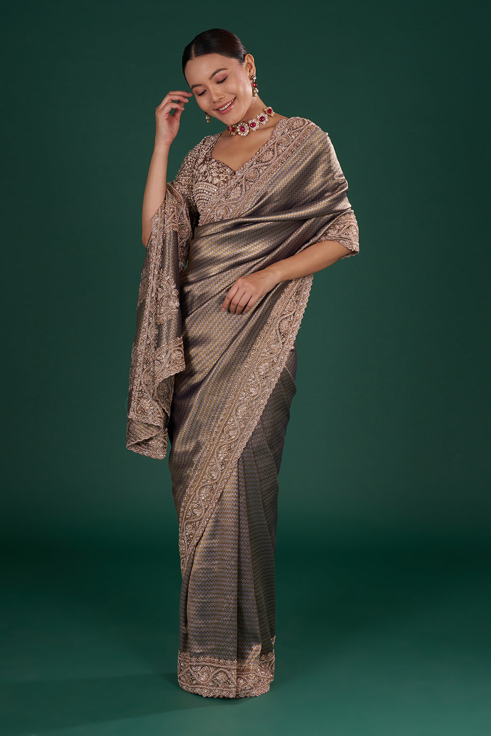 Purple Embroidered Shimmer Zari Brocade Saree with Rose Gold Cut Dana & Pearl Hand Work