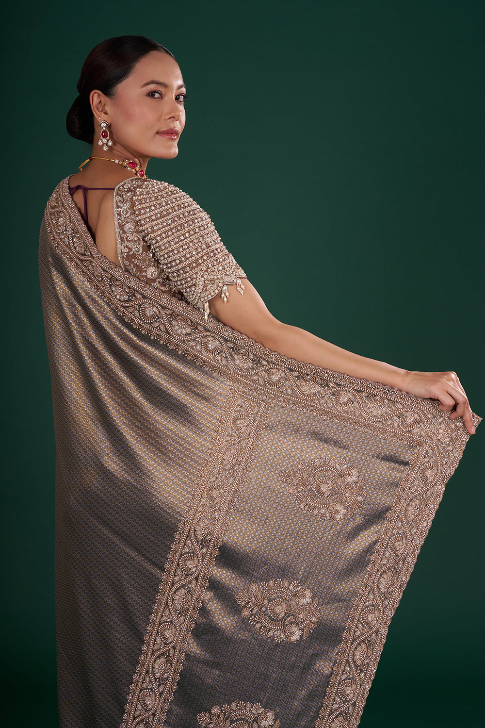 Purple Embroidered Shimmer Zari Brocade Saree with Rose Gold Cut Dana & Pearl Hand Work