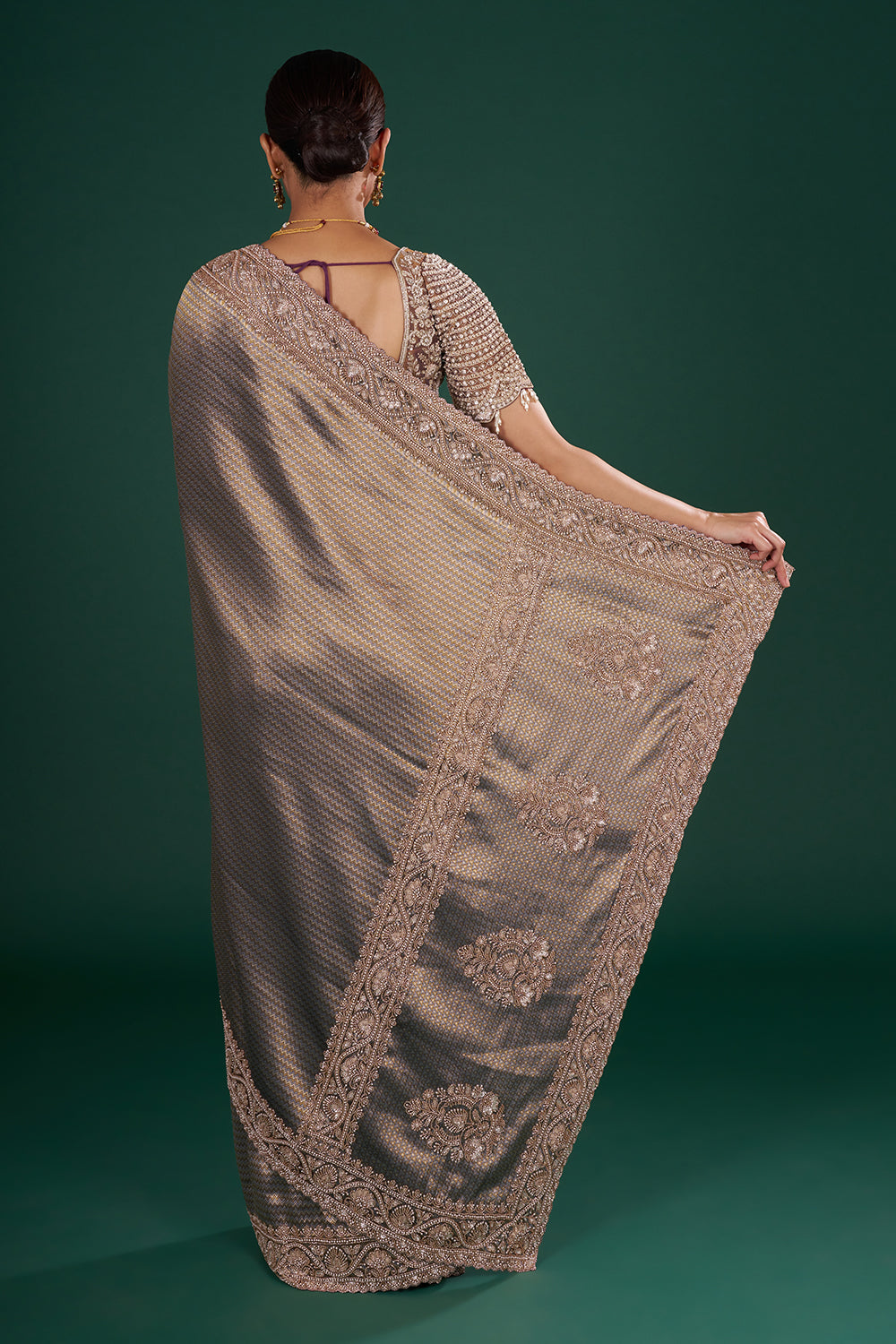 Purple Embroidered Shimmer Zari Brocade Saree with Rose Gold Cut Dana & Pearl Hand Work