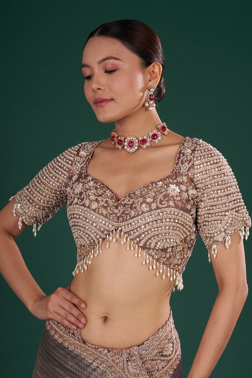 Purple Embroidered Shimmer Zari Brocade Saree with Rose Gold Cut Dana & Pearl Hand Work