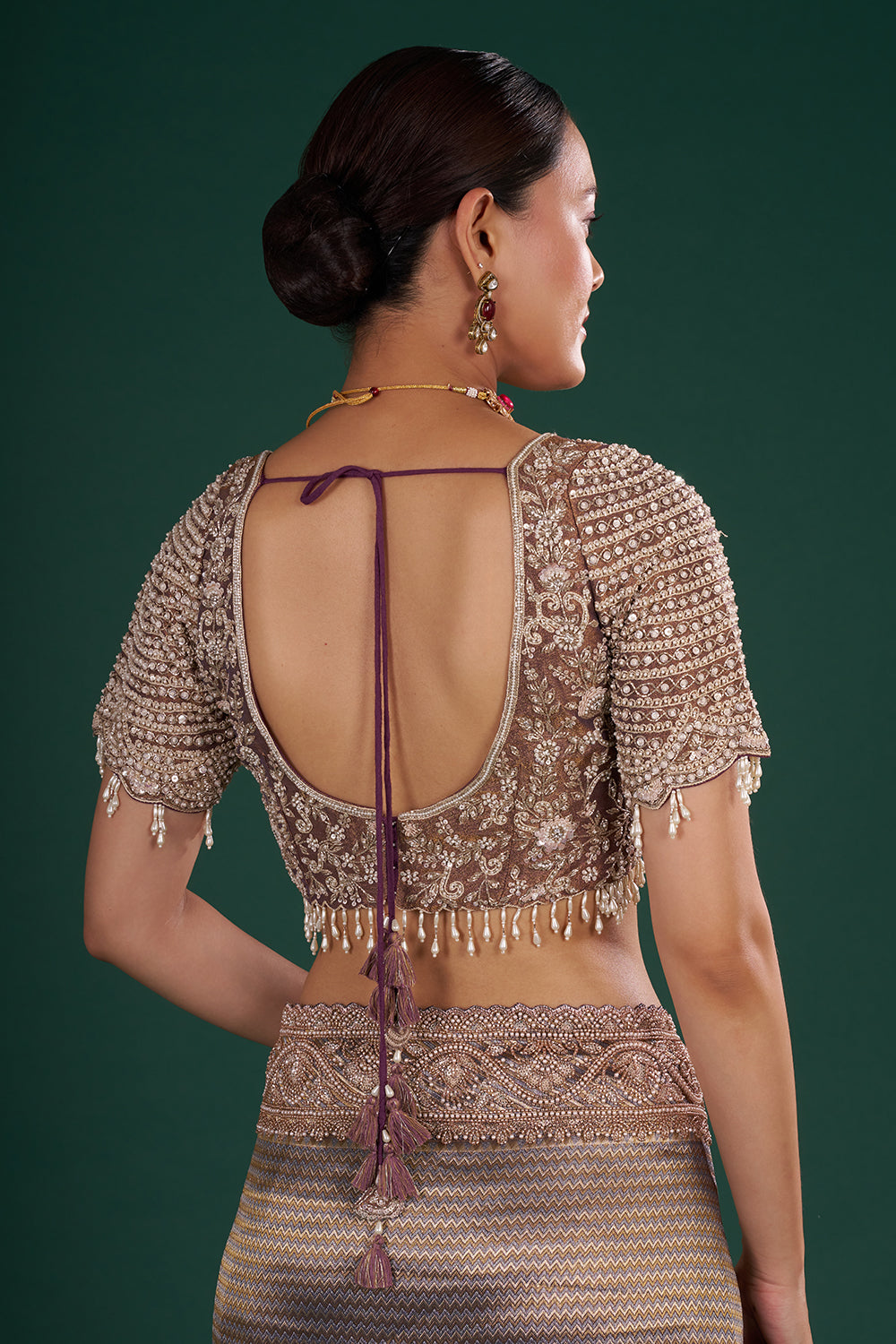 Purple Embroidered Shimmer Zari Brocade Saree with Rose Gold Cut Dana & Pearl Hand Work