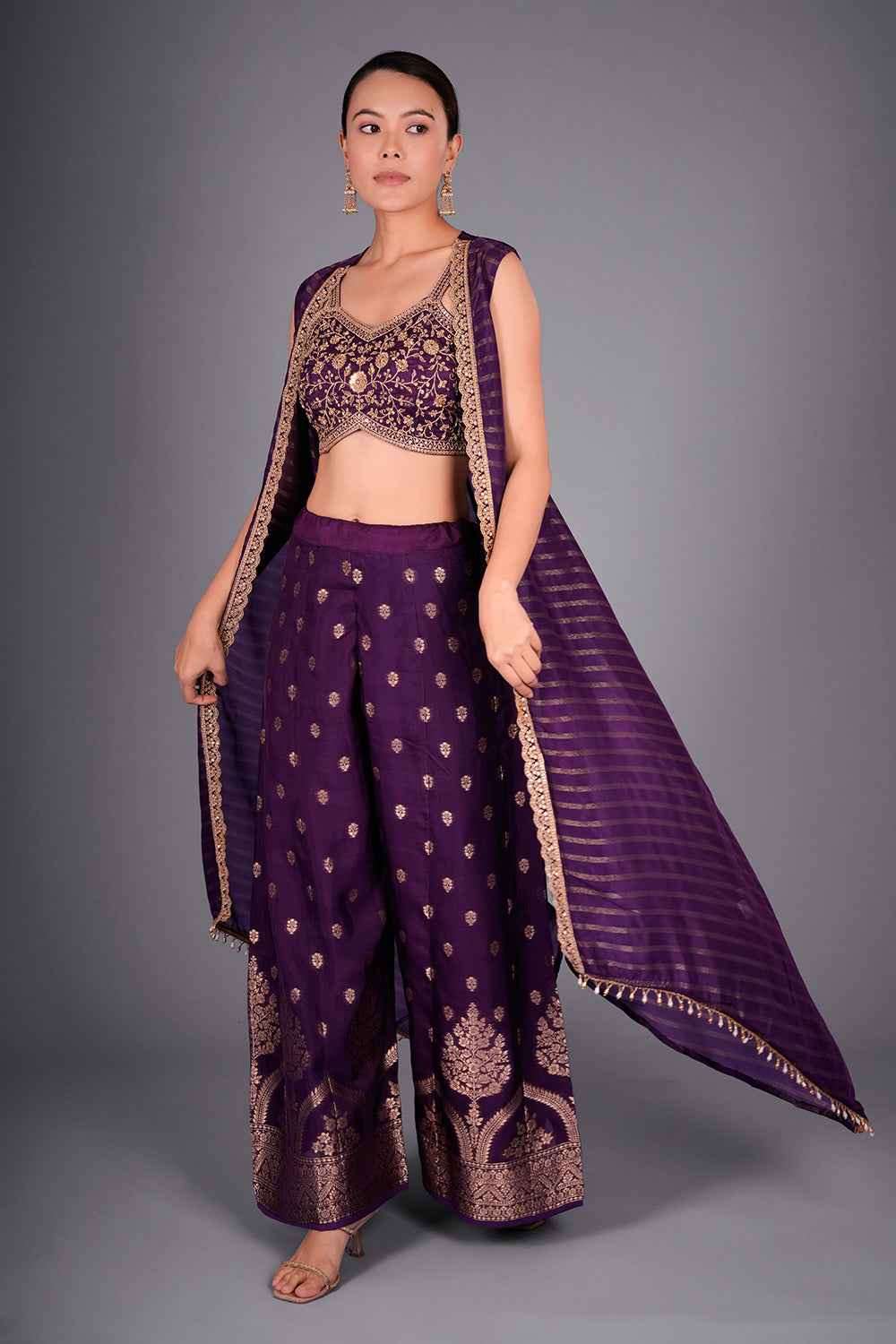 Purple Suit with Embroidered Bustier and Leheriya Cape