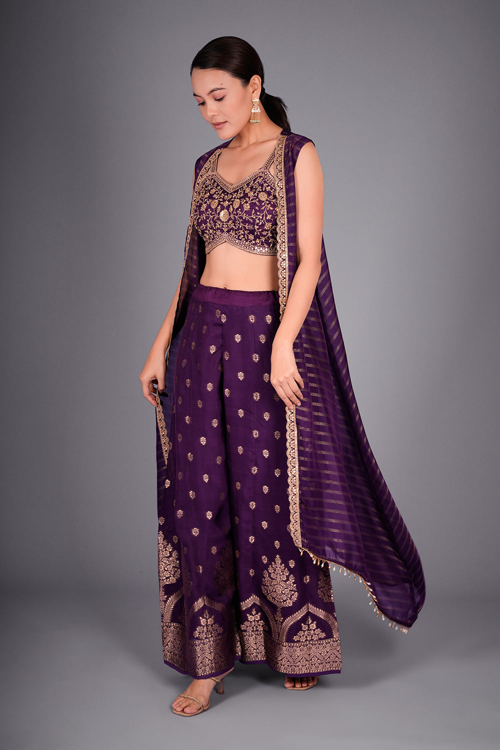 Purple Suit with Embroidered Bustier and Leheriya Cape