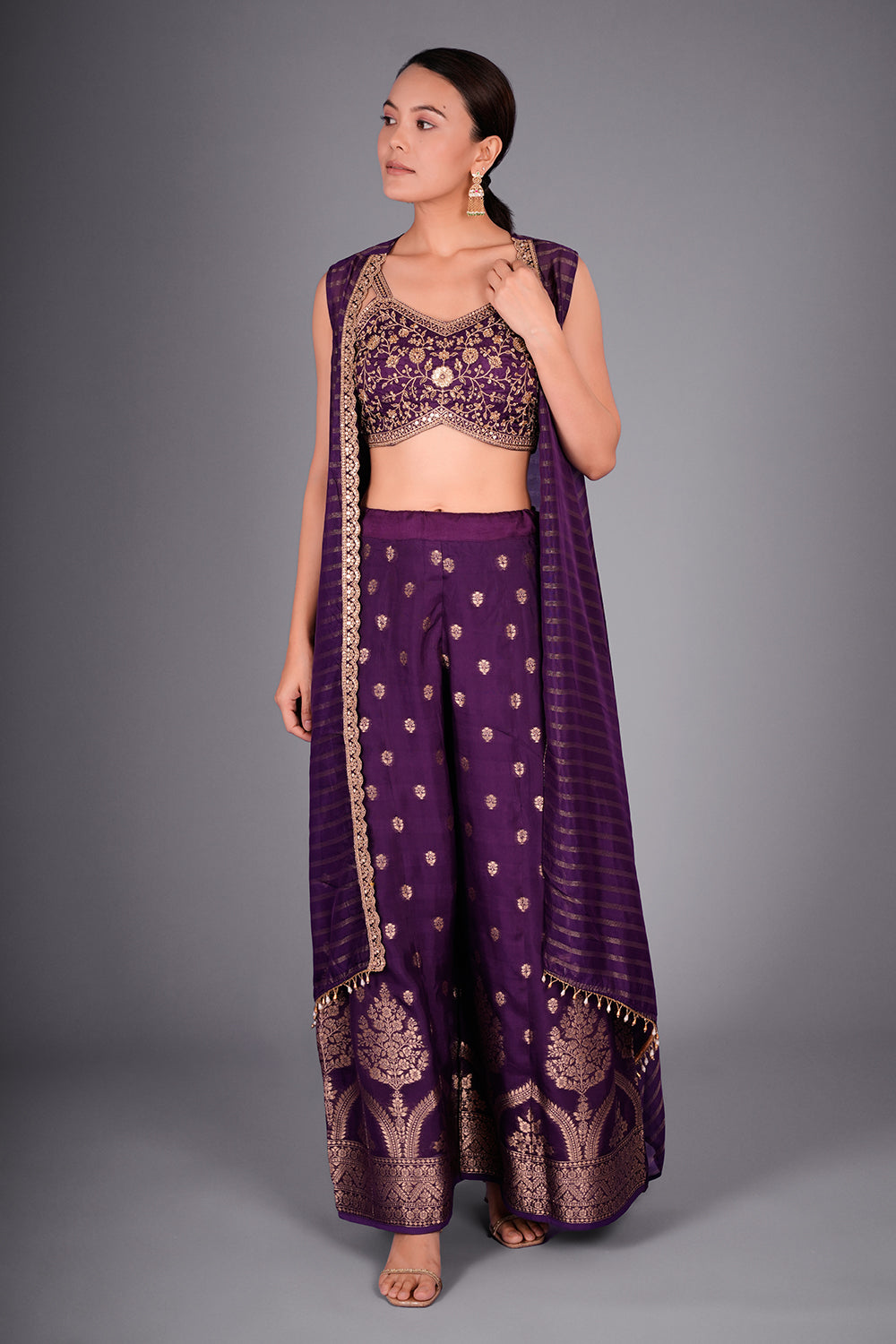 Purple Suit with Embroidered Bustier and Leheriya Cape