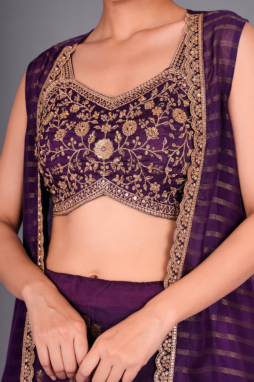 Purple Suit with Embroidered Bustier and Leheriya Cape