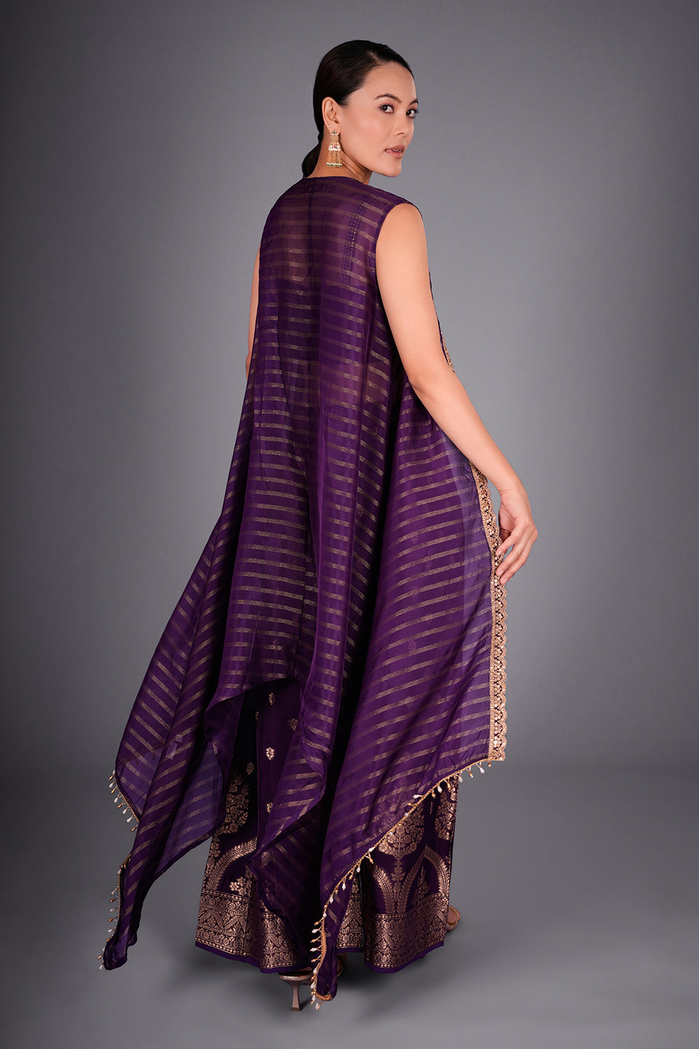 Purple Suit with Embroidered Bustier and Leheriya Cape