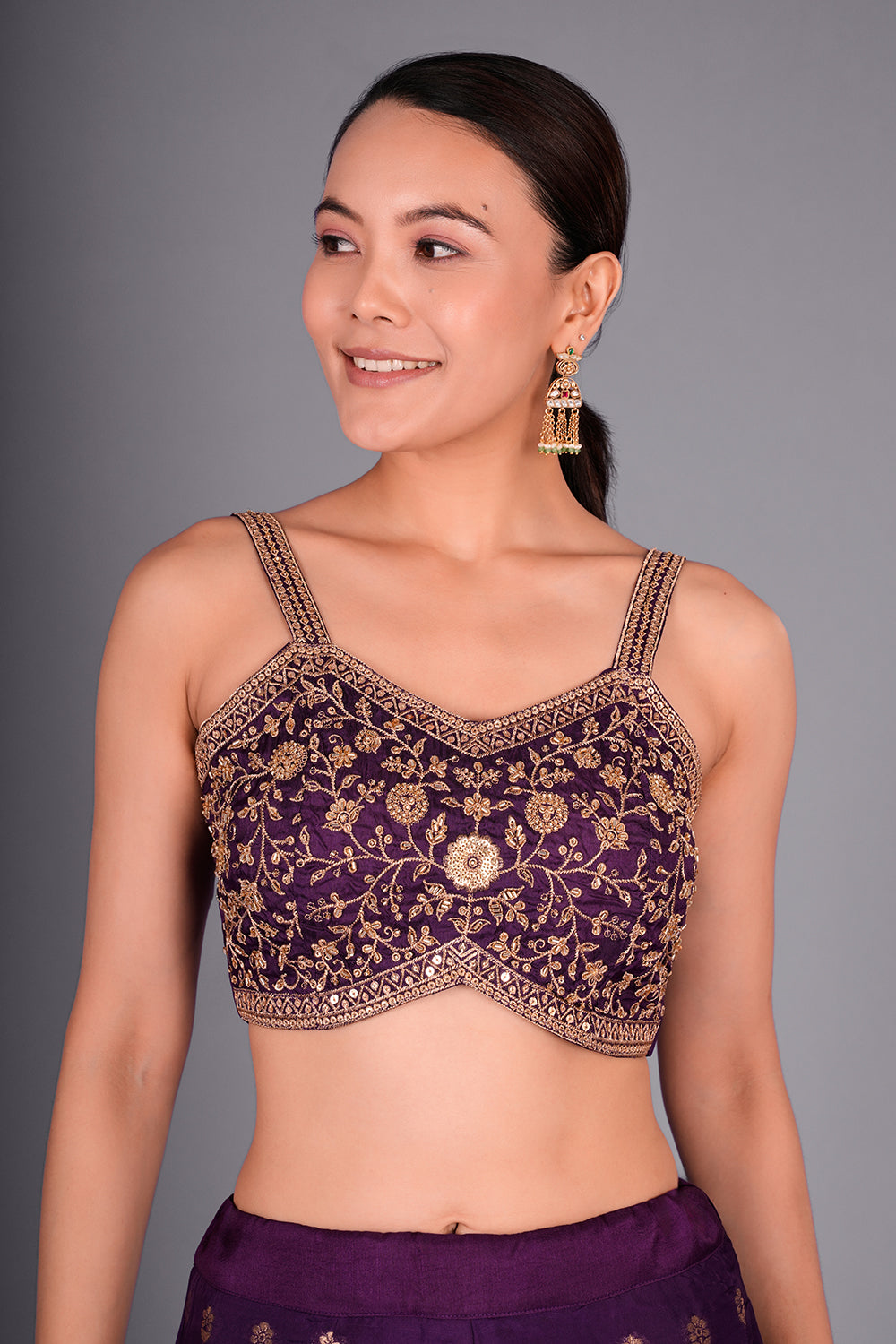Purple Suit with Embroidered Bustier and Leheriya Cape