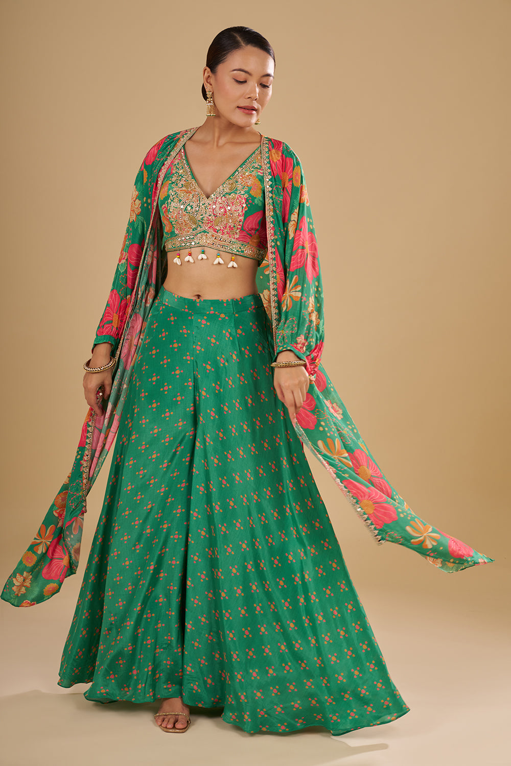Rama Green Multicolour Floral Printed Pure Crepe Cape Set with Sequins, Cut Dana and Mirror Work