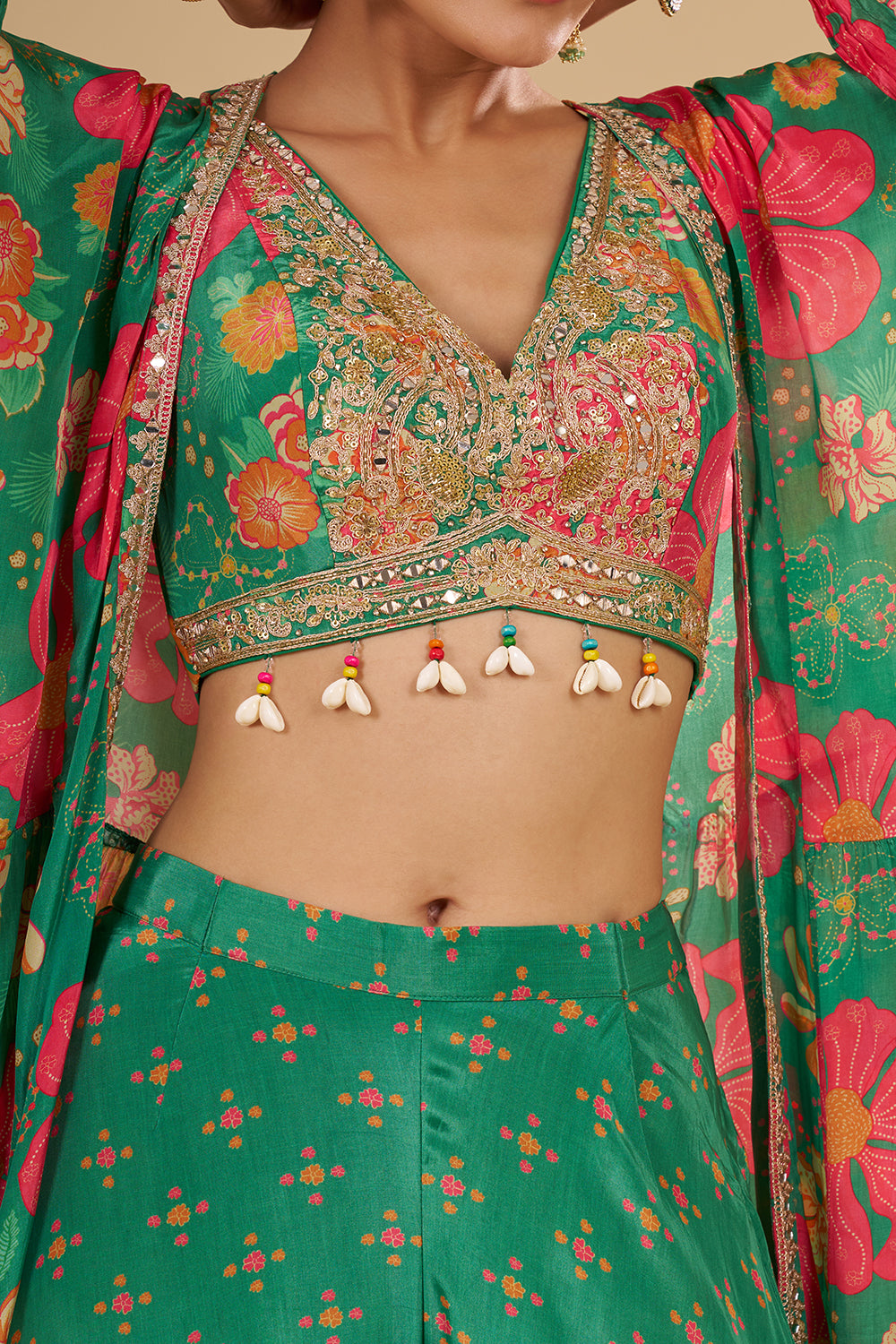 Rama Green Multicolour Floral Printed Pure Crepe Cape Set with Sequins, Cut Dana and Mirror Work