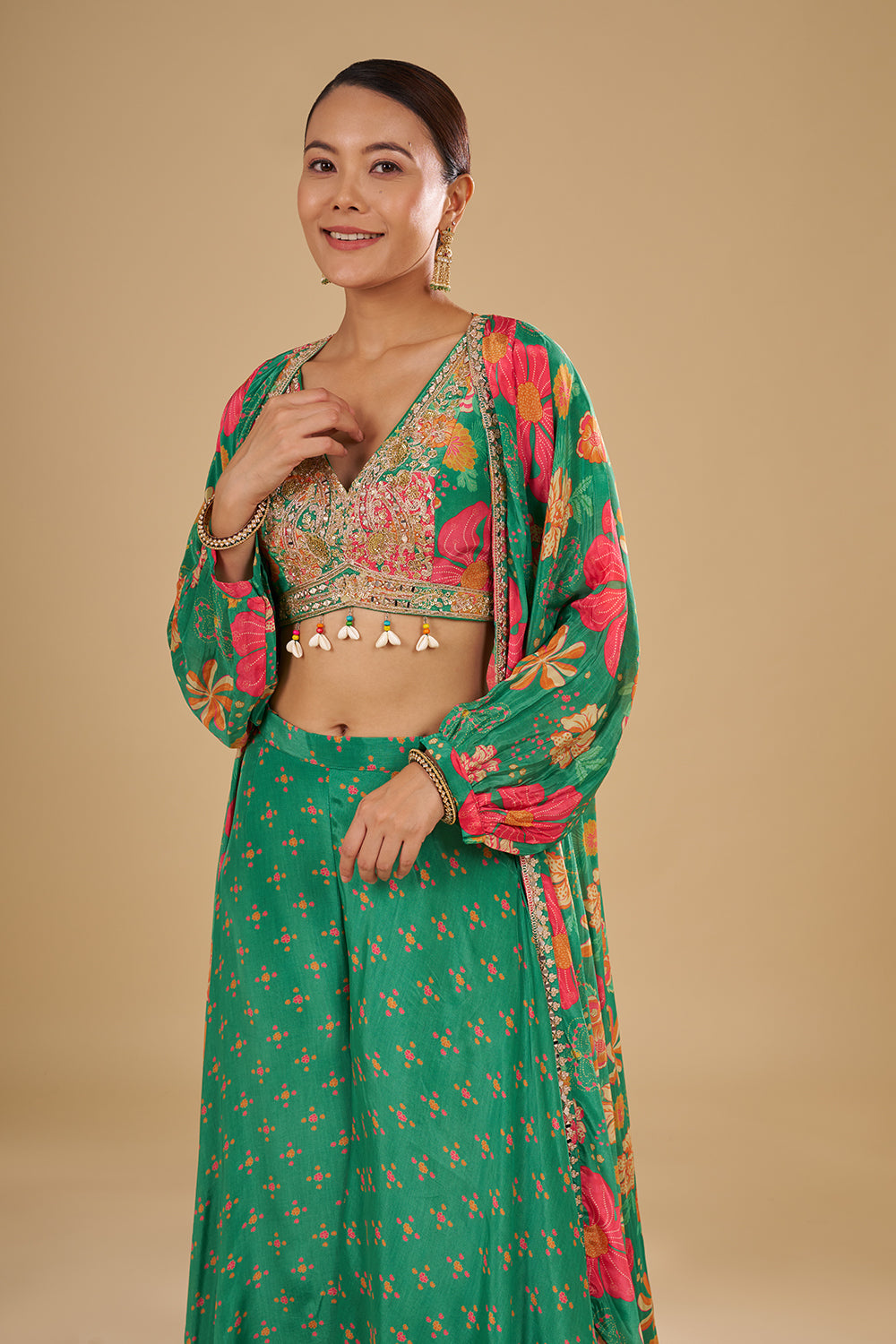 Rama Green Multicolour Floral Printed Pure Crepe Cape Set with Sequins, Cut Dana and Mirror Work