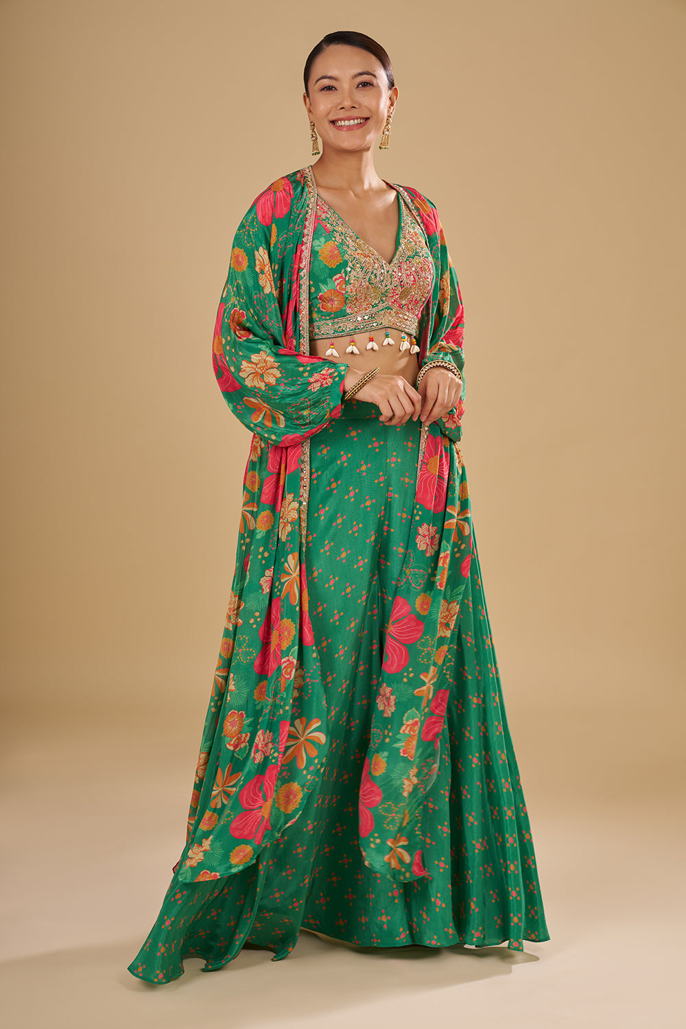 Rama Green Multicolour Floral Printed Pure Crepe Cape Set with Sequins, Cut Dana and Mirror Work