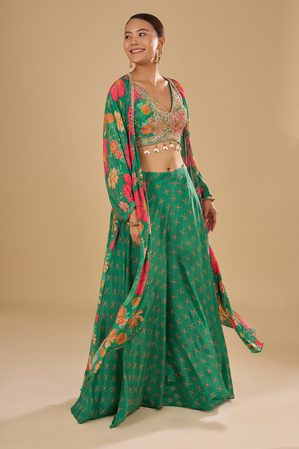Rama Green Multicolour Floral Printed Pure Crepe Cape Set with Sequins, Cut Dana and Mirror Work