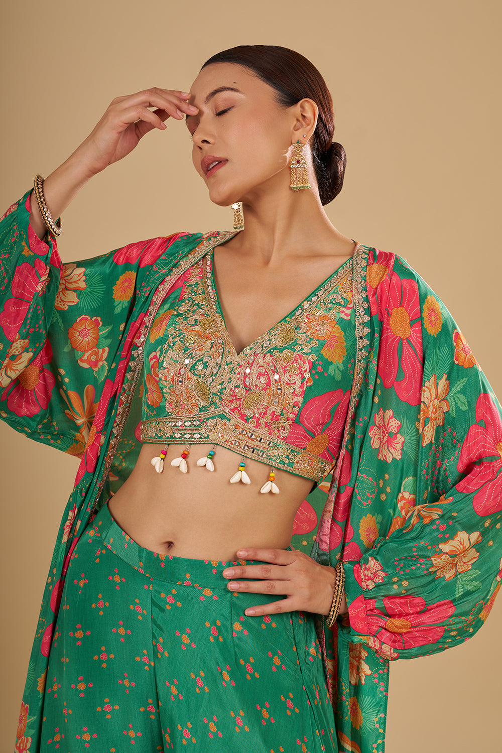 Rama Green Multicolour Floral Printed Pure Crepe Cape Set with Sequins, Cut Dana and Mirror Work