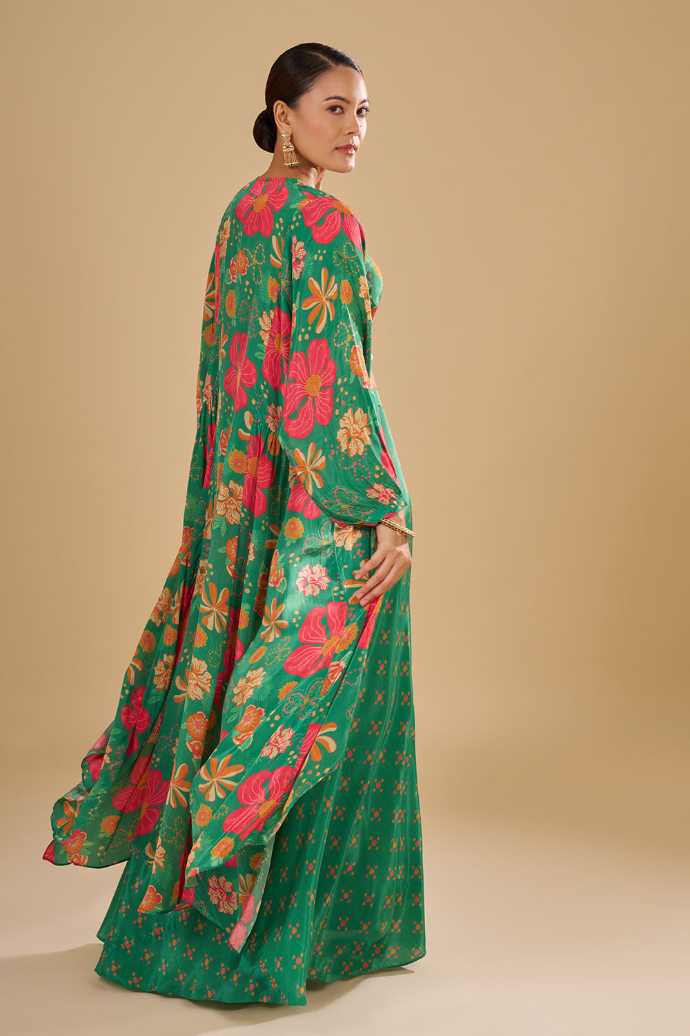 Rama Green Multicolour Floral Printed Pure Crepe Cape Set with Sequins, Cut Dana and Mirror Work