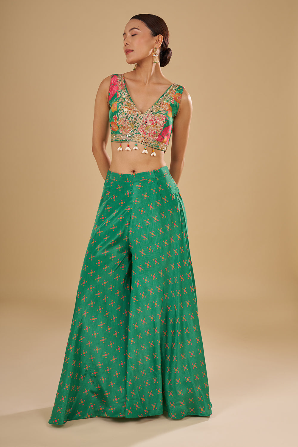 Rama Green Multicolour Floral Printed Pure Crepe Cape Set with Sequins, Cut Dana and Mirror Work