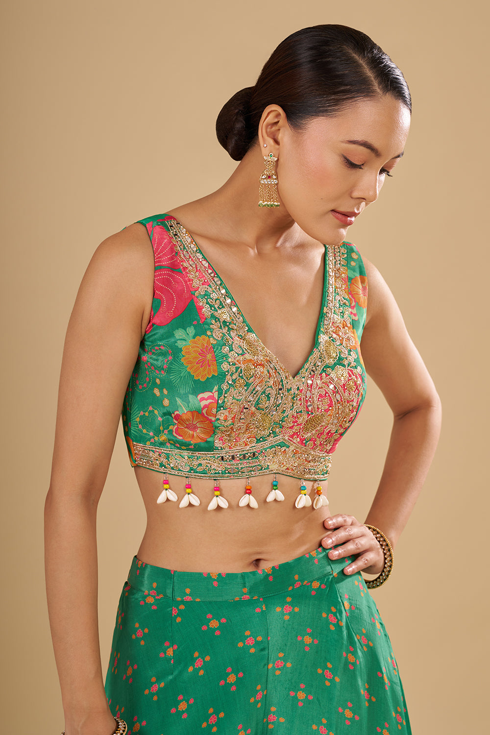 Rama Green Multicolour Floral Printed Pure Crepe Cape Set with Sequins, Cut Dana and Mirror Work