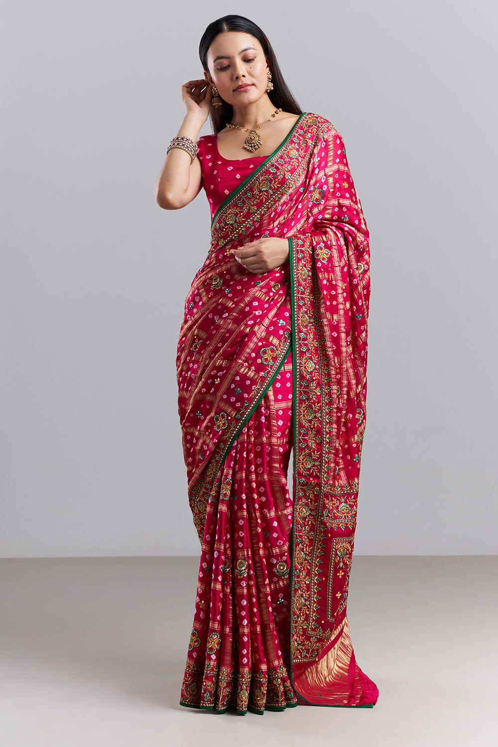 Rani Pink Bandhani Embroidered Saree