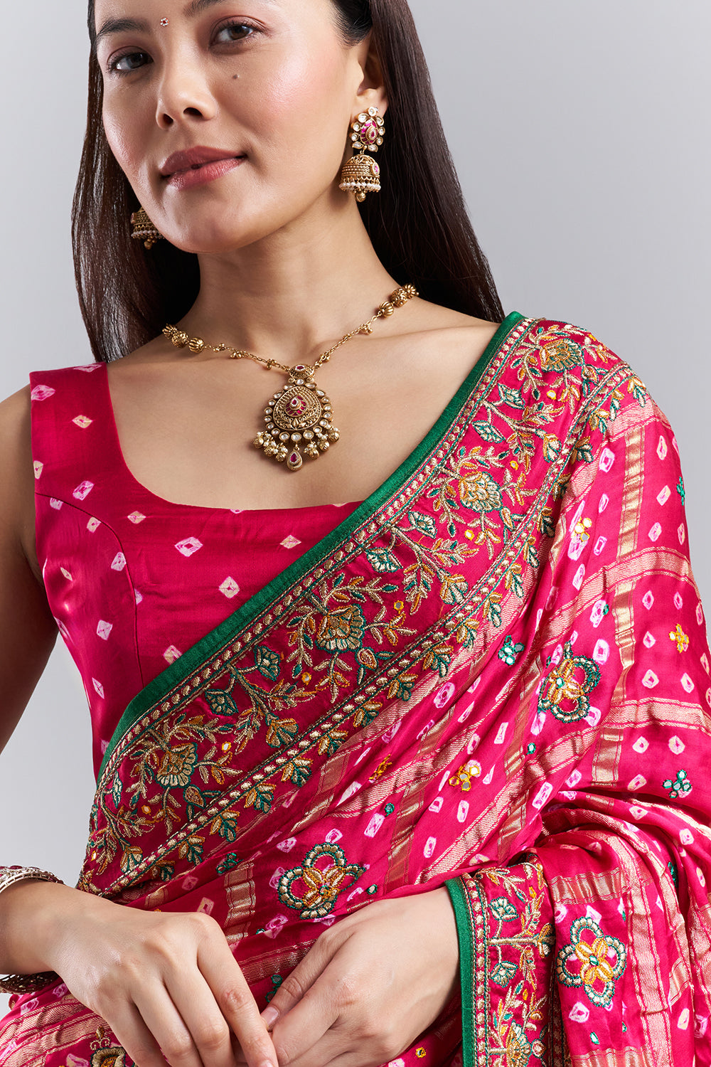 Rani Pink Bandhani Embroidered Saree