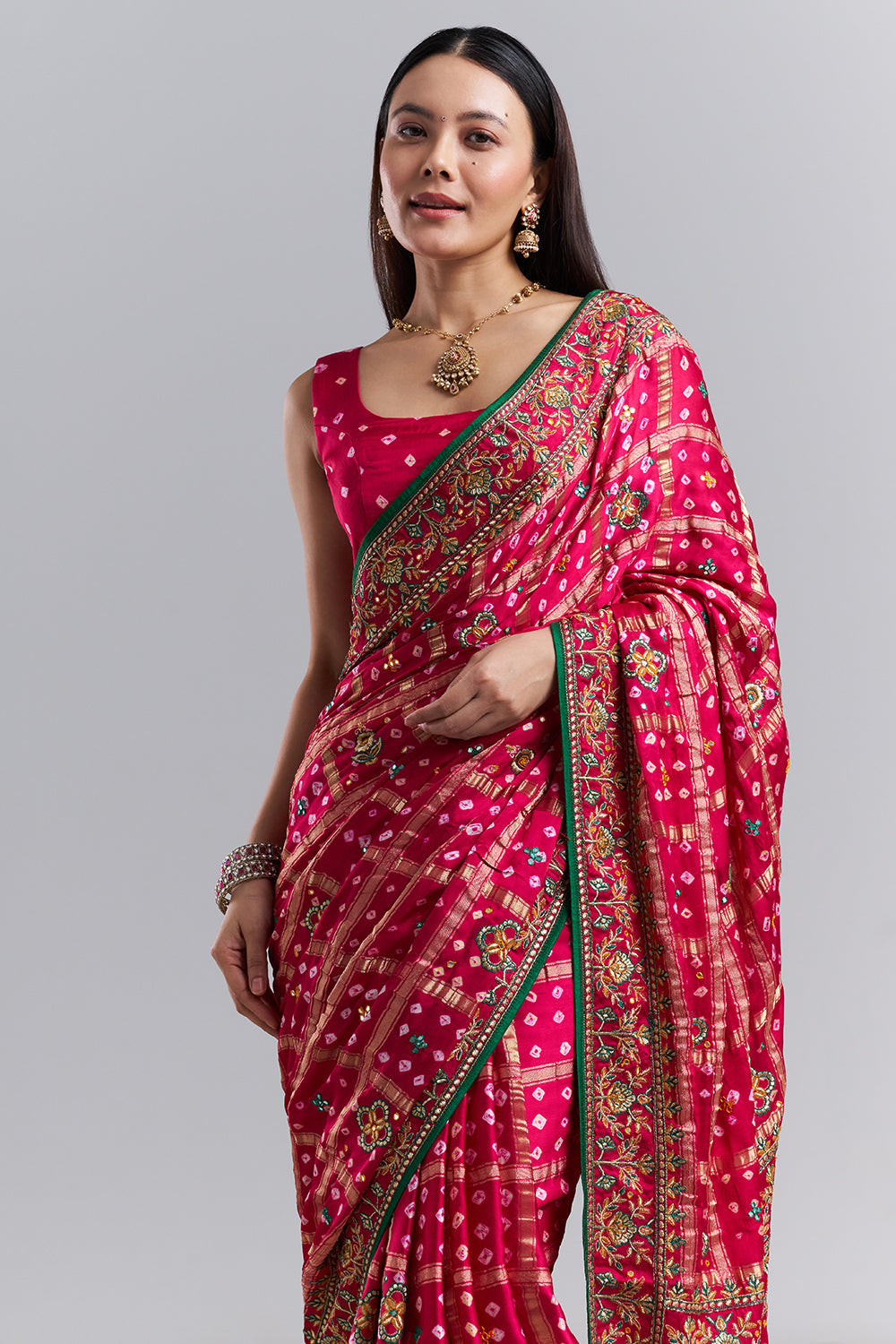 Rani Pink Bandhani Embroidered Saree
