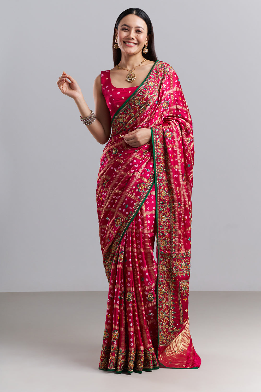 Rani Pink Bandhani Embroidered Saree