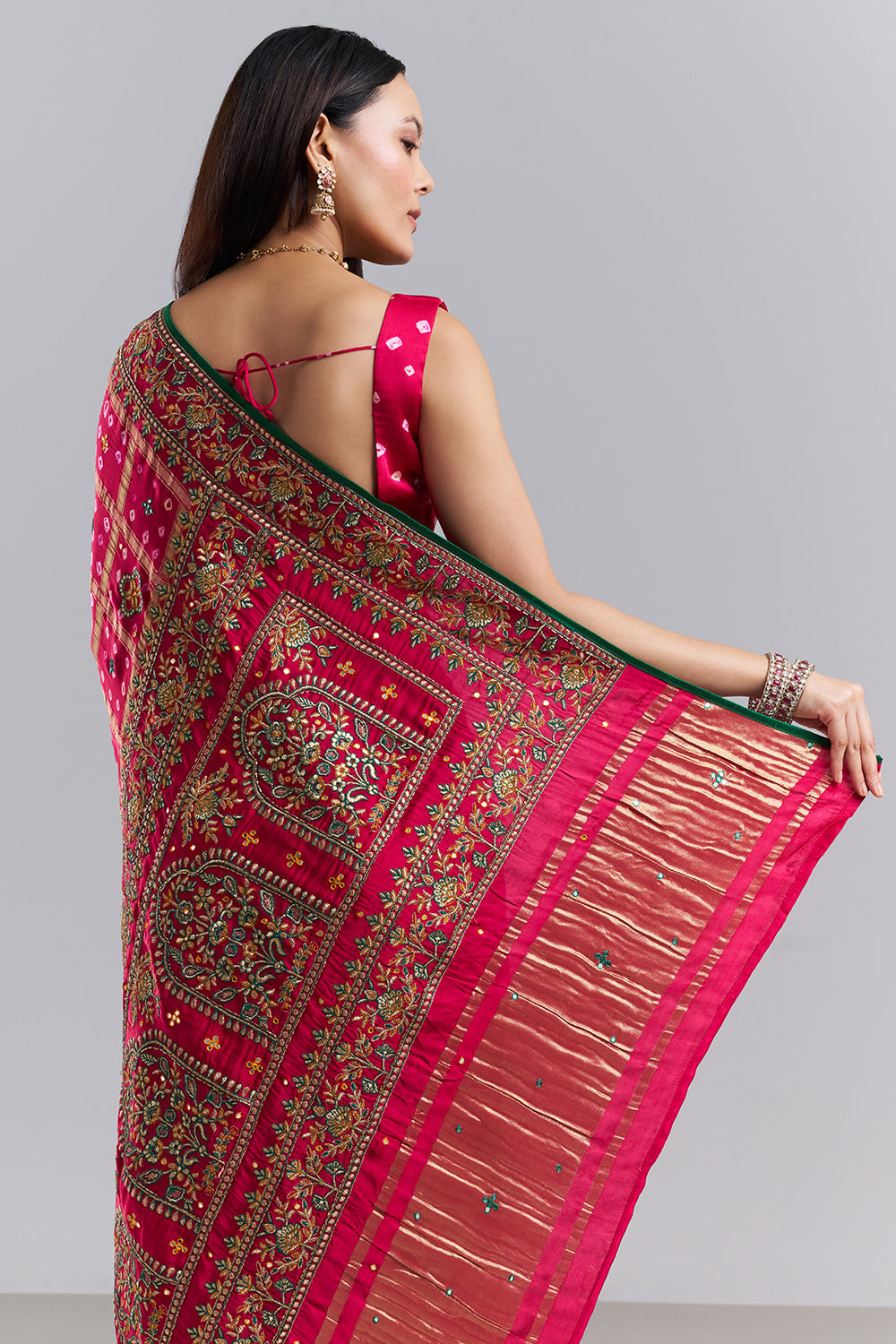 Rani Pink Bandhani Embroidered Saree