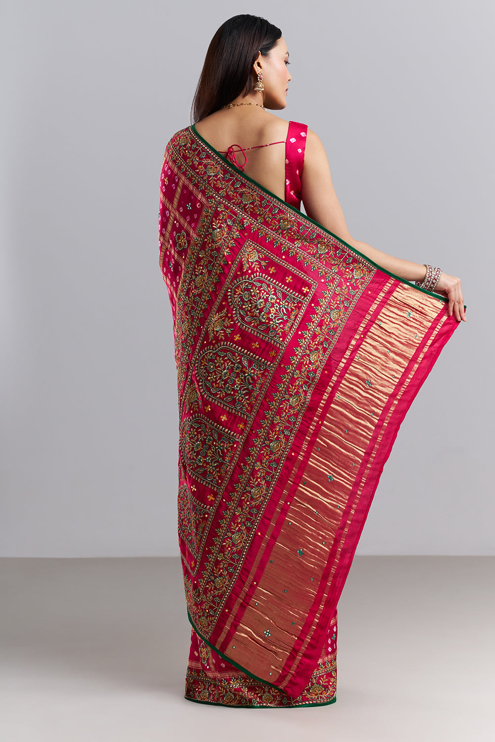 Rani Pink Bandhani Embroidered Saree