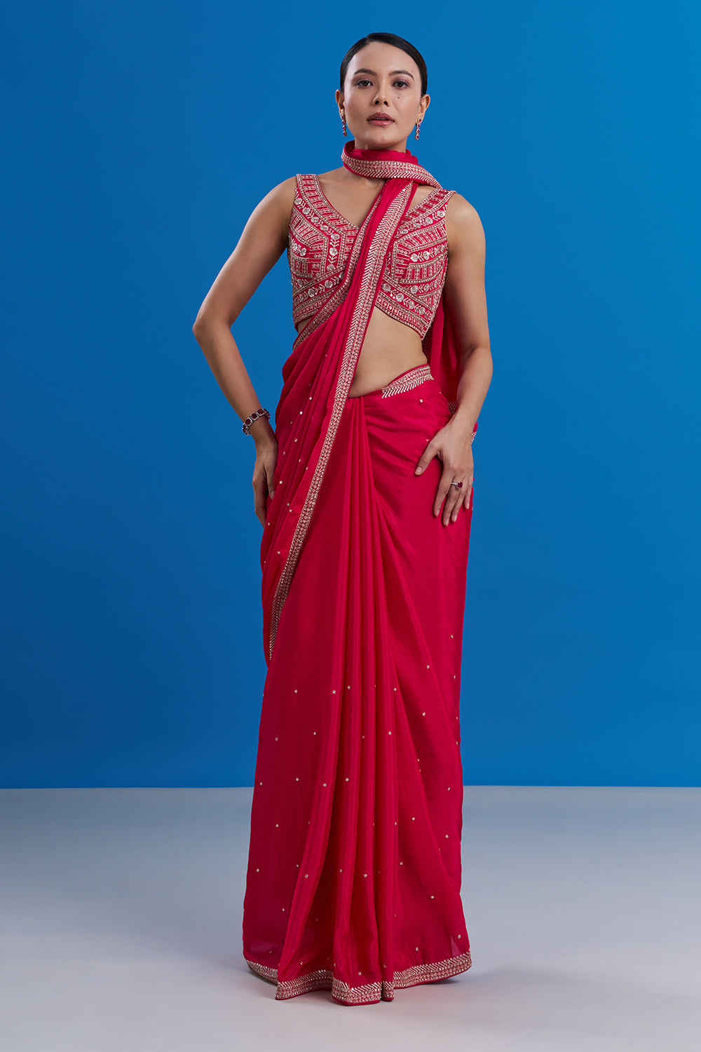 Rani Pink Crepe Saree with Butti Work And Unstitched Blouse