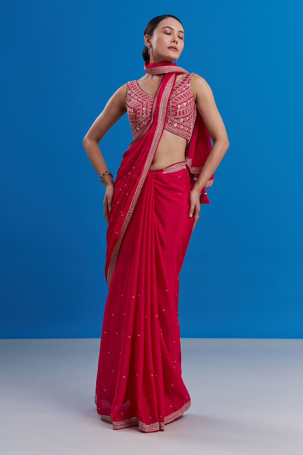 Rani Pink Crepe Saree with Butti Work And Unstitched Blouse